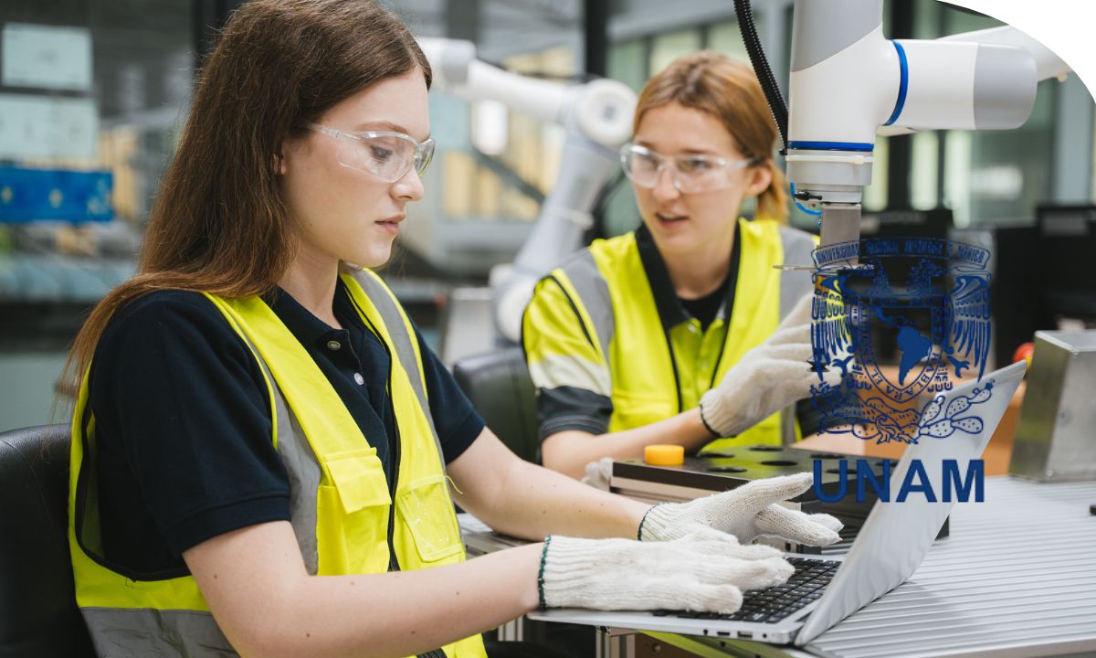 Robot industrial en funcionamiento mientras se estudian sistemas de control automático, dinámica y programación robótica