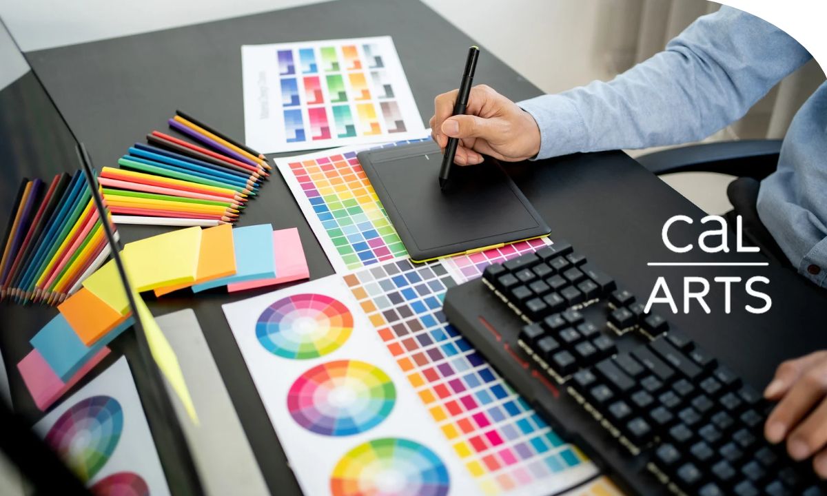Estudiante de diseño gráfico trabajando con formas, colores, tipografía y composición para crear una composición visual