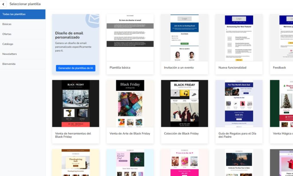 selección de plantillas o editor IA en Mailrelay