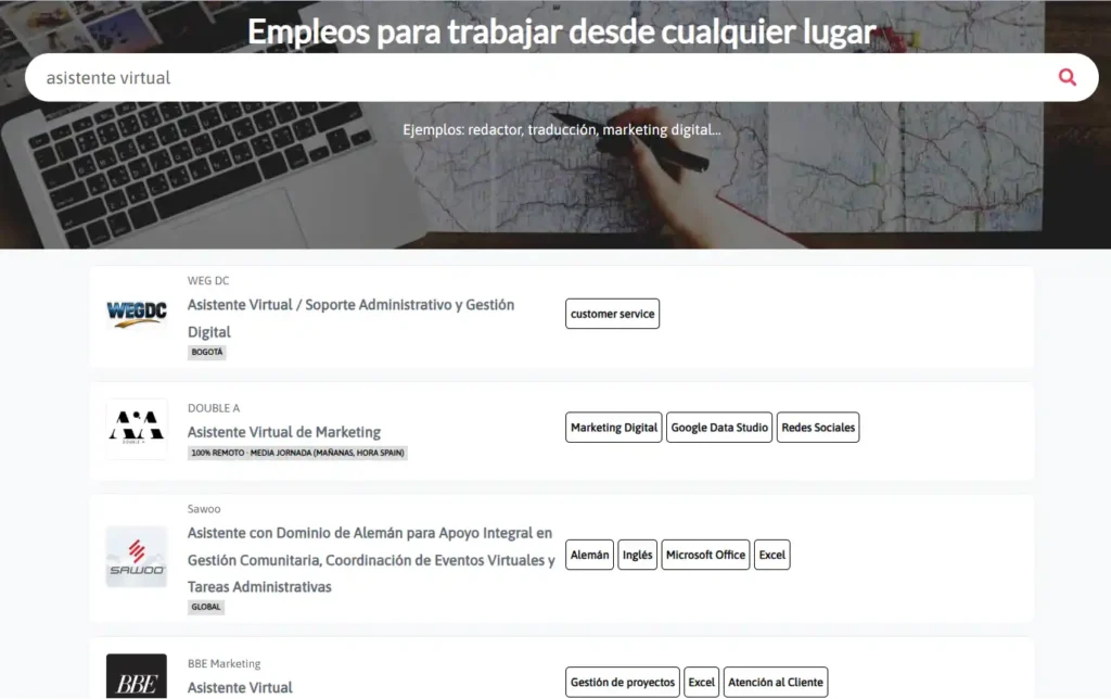Remotojob es un portal de trabajo desde casa con decenas de ofertas de empleo para asistentes virtuales