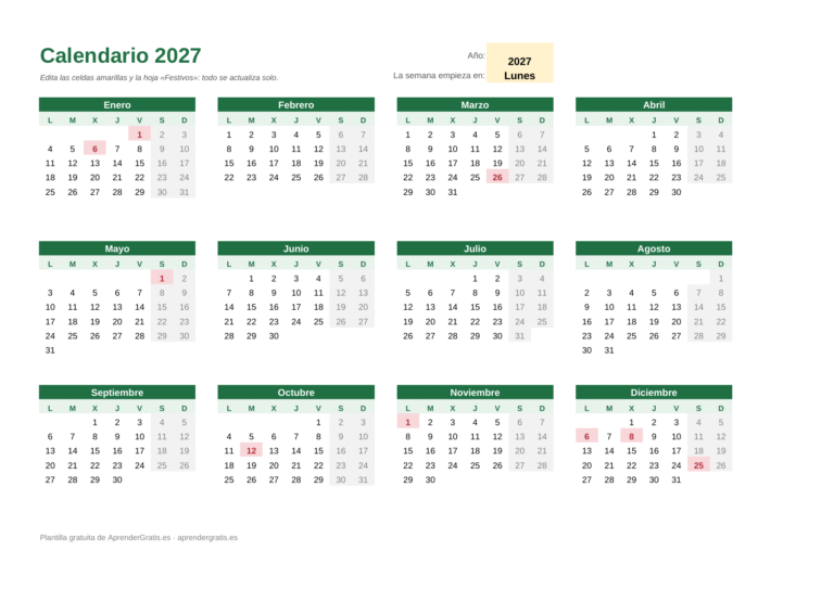 Calendario 2027 en Excel: vista anual horizontal con festivos marcados