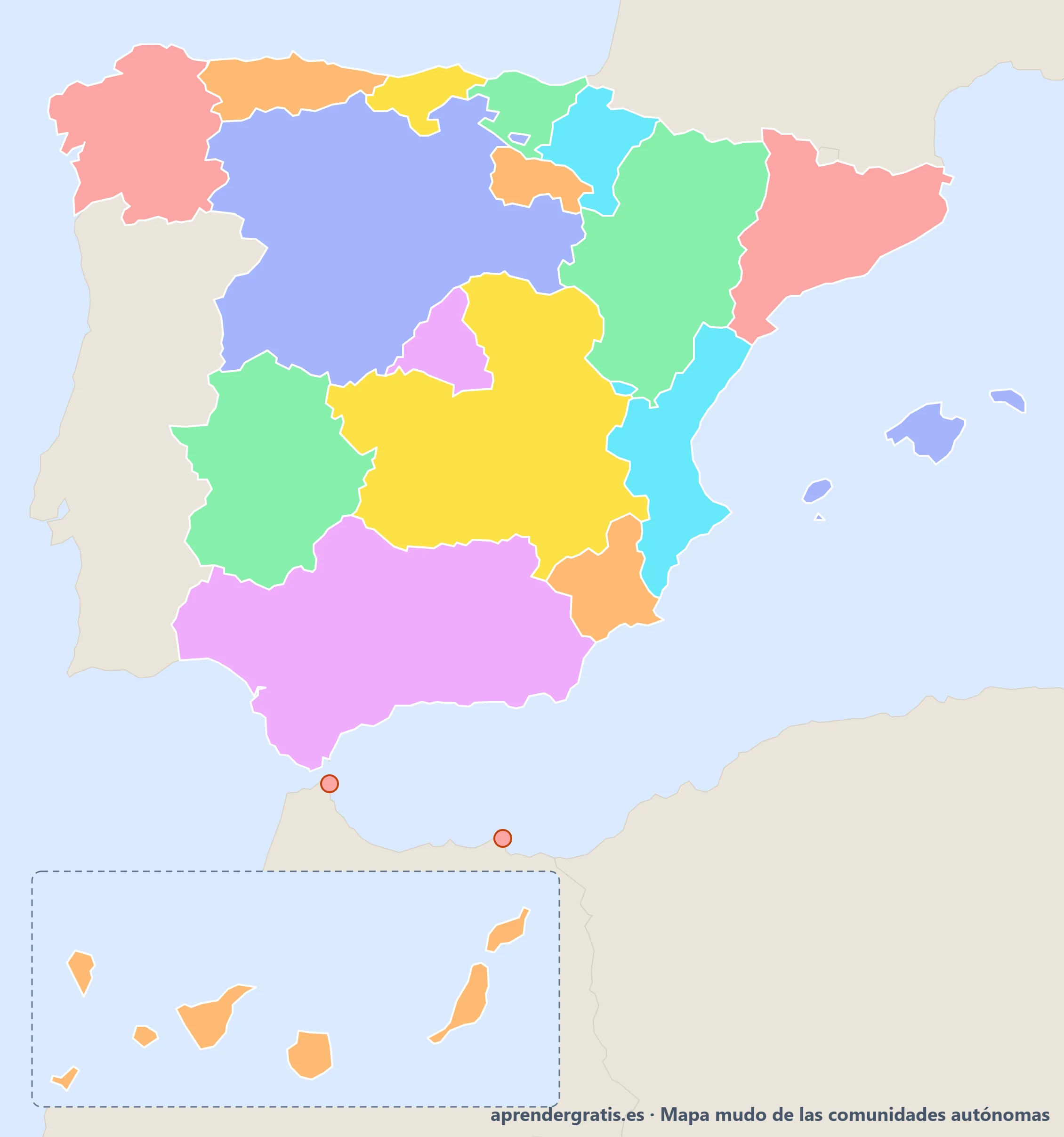 Mapa mudo de las comunidades autónomas de España en color